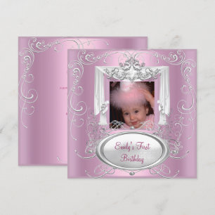 1st First Birthday Party Girl Pink Silver Star Invitation