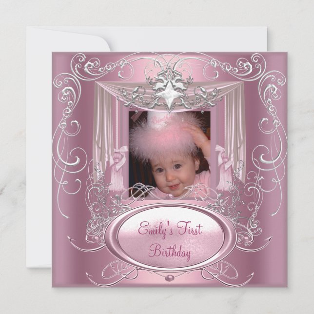 1st First Birthday Party Girl Pink Silver Star Invitation (Front)