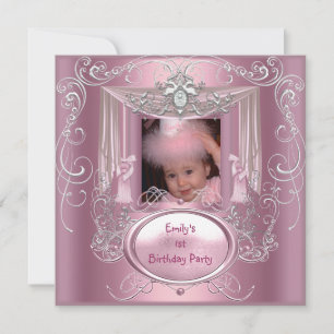 1st First Birthday Party Girl Pink Silver Star Invitation