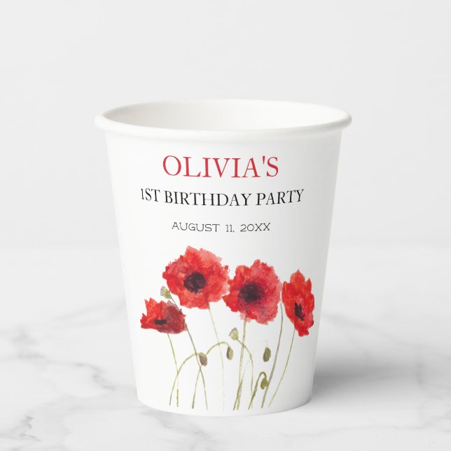 1st First Birthday Party Poppies Baby Girl Paper Cups (Front)