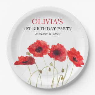 1st First Birthday Party Poppies Baby Girl Paper Plate