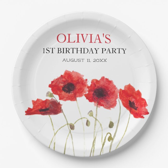 1st First Birthday Party Poppies Baby Girl Paper Plate (Front)