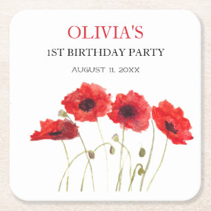 1st First Birthday Party Poppies Baby Girl Square Paper Coaster