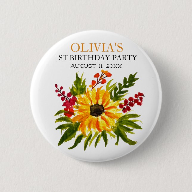 1st First Birthday Party Sunflower Baby Girl 6 Cm Round Badge (Front)