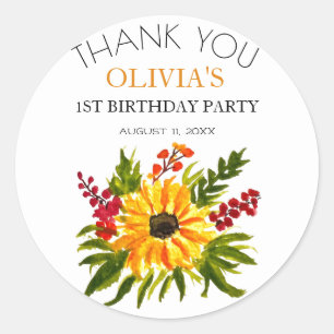 1st First Birthday Party Sunflower Baby Girl Classic Round Sticker
