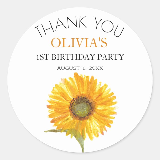 1st First Birthday Party Sunflower Baby Girl Classic Round Sticker (Front)