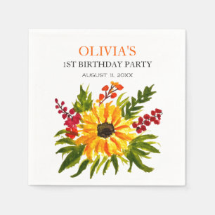 1st First Birthday Party Sunflower Baby Girl Napkin