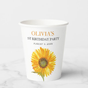 1st First Birthday Party Sunflower Baby Girl Paper Cups
