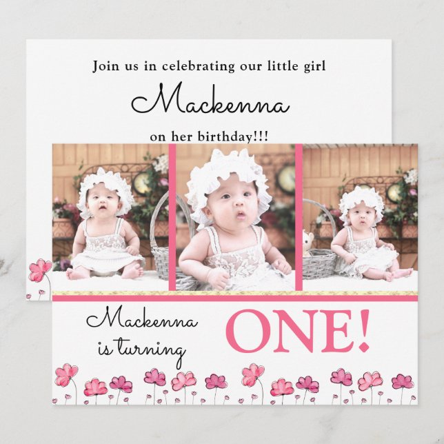 1st First Birthday Pink Gold Floral Photo Collage  Invitation (Front/Back)