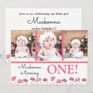 1st First Birthday Pink Gold Floral Photo Collage  Invitation