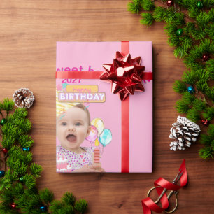 1st First Birthday Pink Personalised Photo Design Wrapping Paper