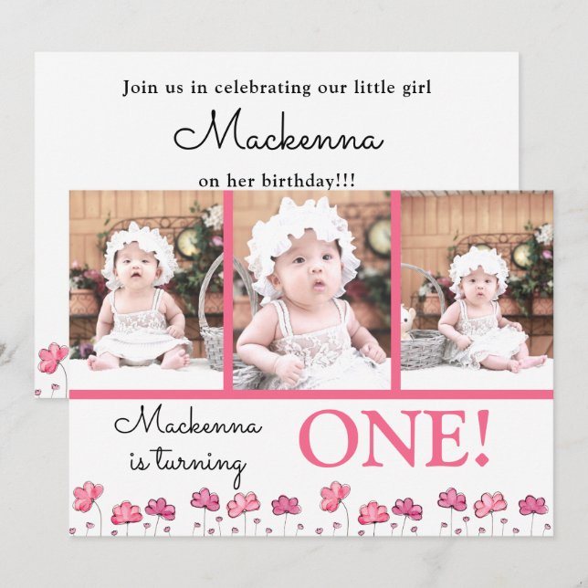 1st First Birthday Pink Watercolor Photo Collage Invitation (Front/Back)