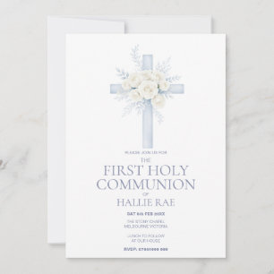 1st First Holy Communion Invite, Blue Floral Cross Invitation