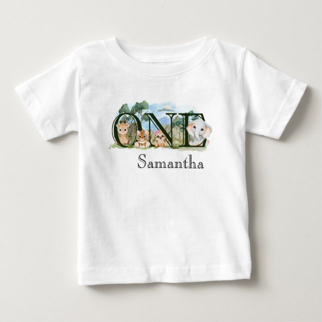 1st First One Birthday Jungle Safari Animals  Baby T-Shirt (Front)