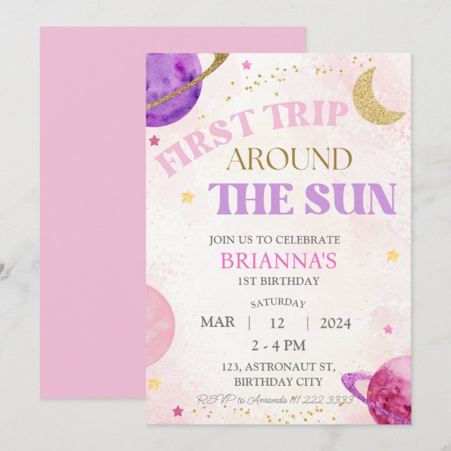 1st First Trip Around the Sun Girl Pink Birthday Invitation (Front/Back)