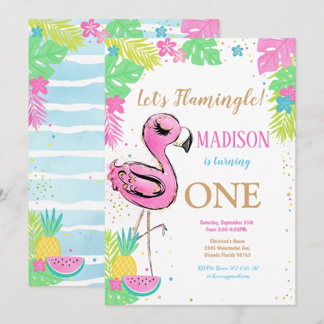 1st Flamingo Birthday Invitation (Front/Back)