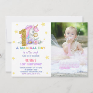 1st Floral Unicorn Birthday Invitations w photo