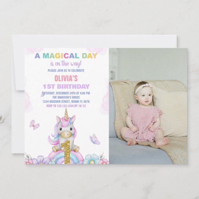 1st Floral Unicorn Birthday Invitations with photo (Front)