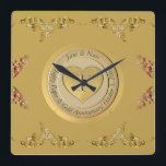 1st Gold Wedding Anniversary Square Wall Clock<br><div class="desc">Alas, a delightful, classically designed wall clock to honour their 1st wedding anniversary with a heart emblem and medallion text, how special is that?! Golden ochre with ornate heart graphics, for a touch of the romantic. If you wish for any customisation or illustration made just for you, just message me...</div>