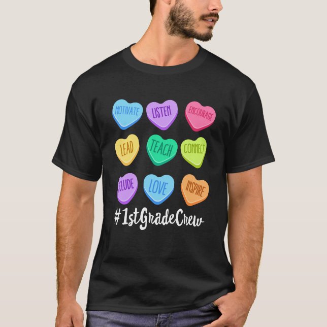 1st Grade Crew Teacher Valentine s Day Pastel Cand T-Shirt (Front)