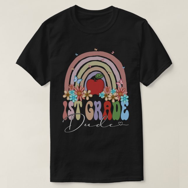 1st Grade Dude Back To School Rainbow Retro Groovy T-Shirt (Design Front)