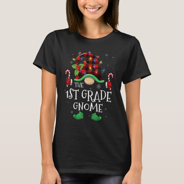 1st Grade Gnome Buffalo Plaid Family Christmas Paj T-Shirt (Front)