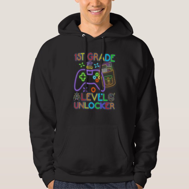 1st Grade Level Unlocked Neon Video Gamer Back to  Hoodie (Front)