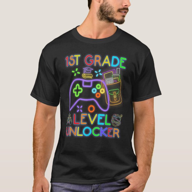 1st Grade Level Unlocked Neon Video Gamer Back to  T-Shirt (Front)