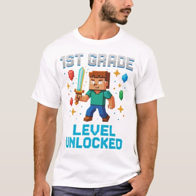 1st Grade Level Unlocked T-Shirt – Fun Pixel Gamer (Front)