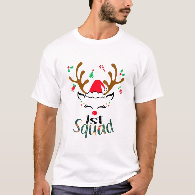 1st Grade Squad Christmas Deer Teacher Love T-Shirt (Front)