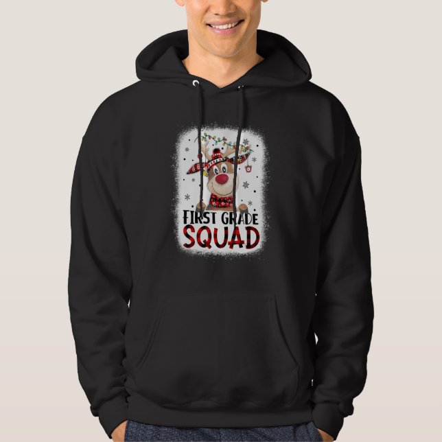 1st Grade Squad Plaid Reindeer Santa Hat Teacher C Hoodie (Front)