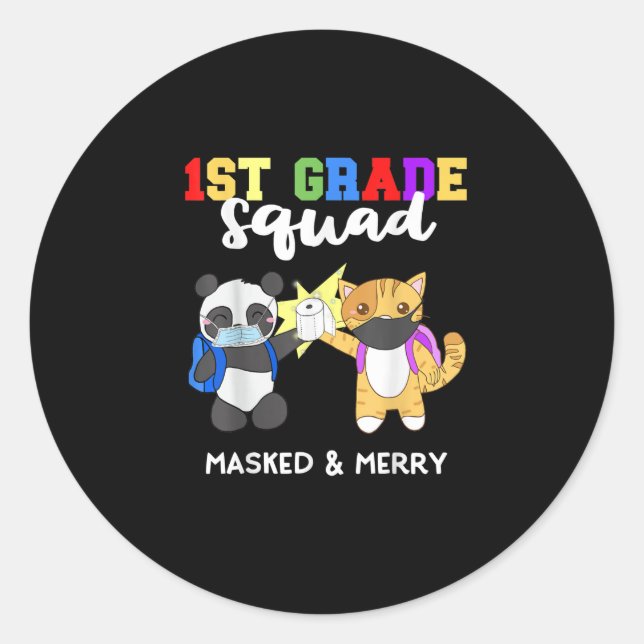 1st Grade Squad Quarantine Panda Kitty Funny Mask Classic Round Sticker (Front)