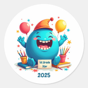 1st Grade Star Celebration – Cute Cartoon Design Classic Round Sticker