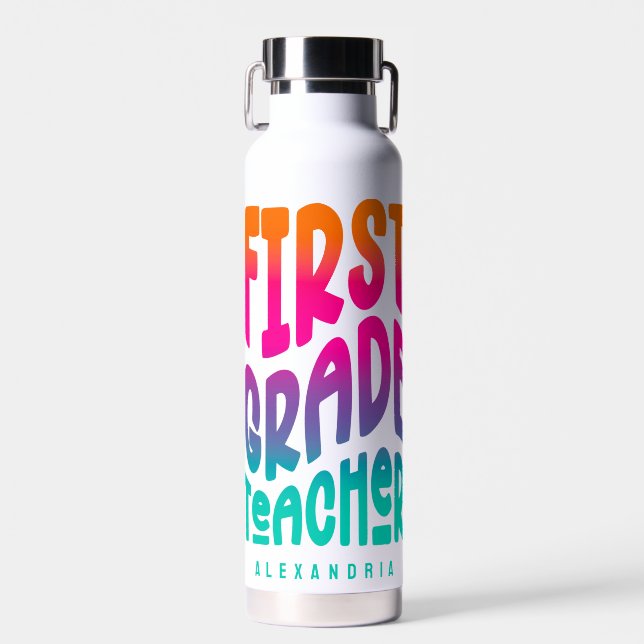 1st Grade Teacher Colourful Ombre Text Water Bottle (Front)