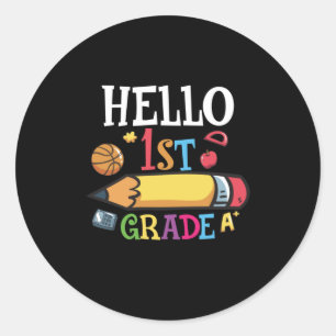 1st Grade Teacher Hello First Grade Pencil Classic Round Sticker