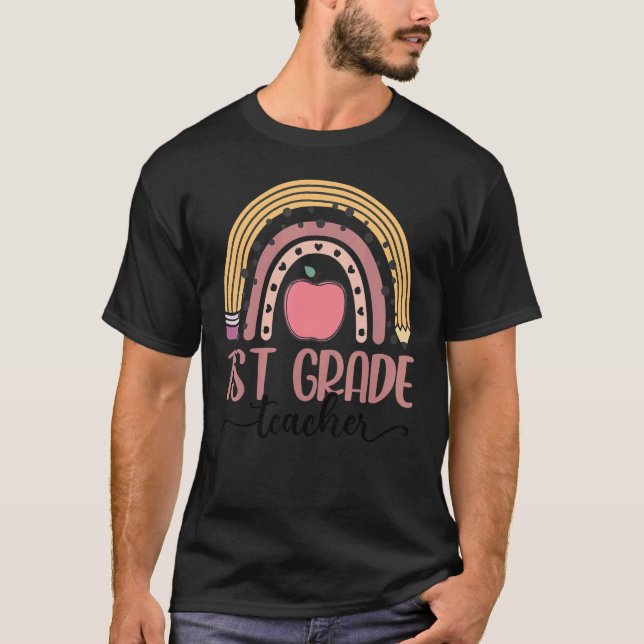 1st Grade Teacher Leopard Boho Rainbow Back To Sch T-Shirt (Front)