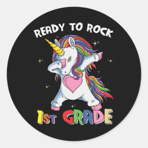 1st Grade Unicorn Back to School Ready Rock Kids Classic Round Sticker