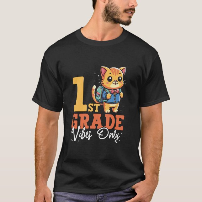 1st Grade Vibes Only Cute Cat School Funny Boy Gir T-Shirt (Front)