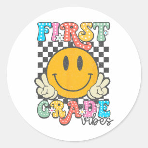 1st Grade Vibes Retro Smile Face Teacher Kids Back Classic Round Sticker