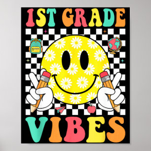 1st grade vibes retro smile face teacher kids back poster