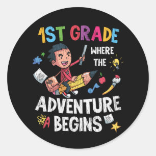1st Grade Where Adventure Begins Back to School Classic Round Sticker