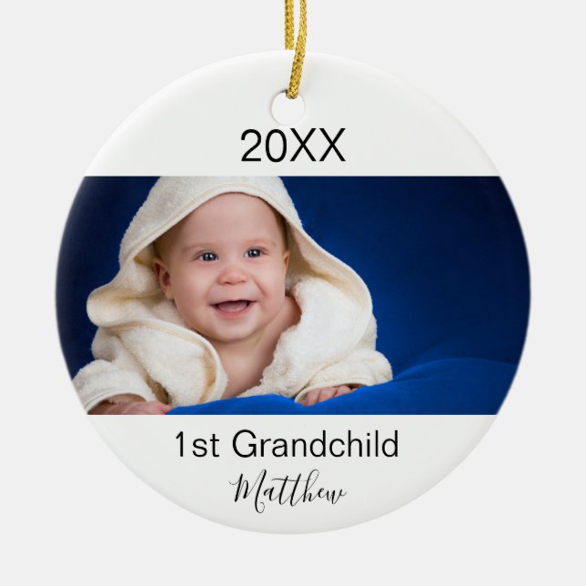 1st Grandchild baby photo grandparents Ceramic Tree Decoration (Front)
