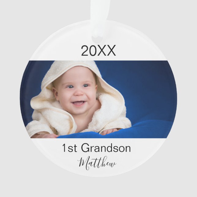 1st Grandson baby custom photo grandparents Ornament (Front)