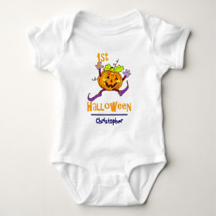 1st Halloween Happy Pumpkin Boy Custom Name Baby Bodysuit