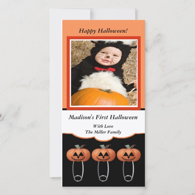 1st Halloween Pumpkin Diaper Pins Photo Card (Front)