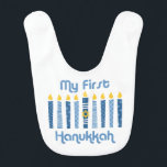 1st Hanukkah Candles Bib<br><div class="desc">Festival of Lights design for baby's 1st Hanukkah featuring fun blue candles with polka dots and stripes and the Star of David. Text says MY FIRST HANUKKAH. PinkInkArt original!</div>