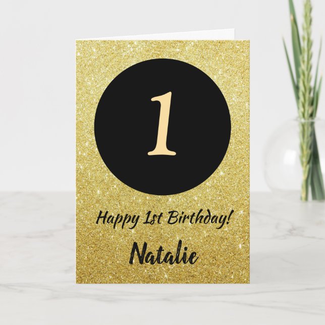 1st Happy Birthday Black and Gold Glitter Card (Front)