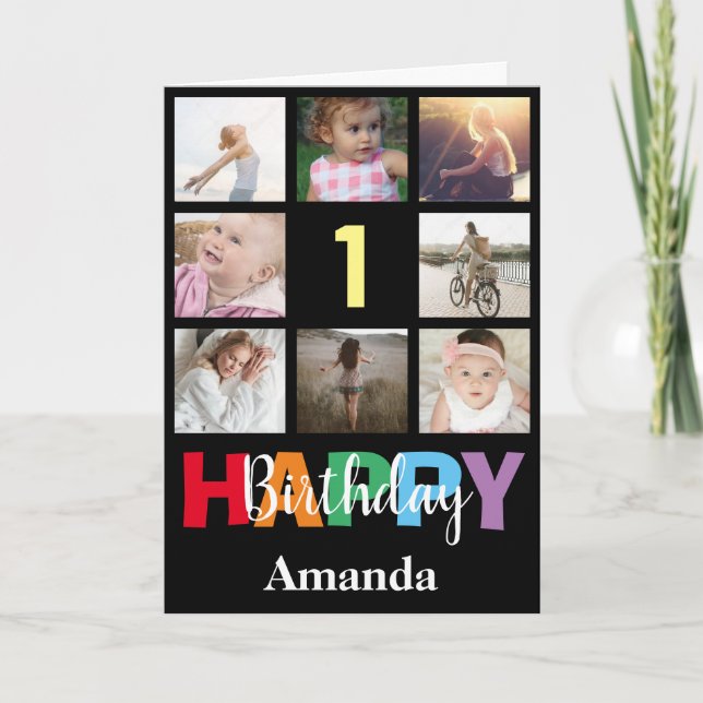 1st Happy Birthday Photo Collage Modern Black Card (Front)