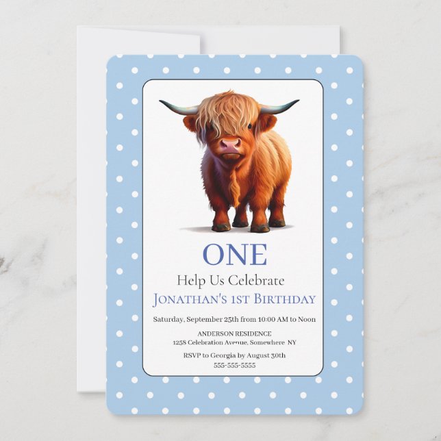 1st Highland Cow Blue Birthday Invitation  (Front)