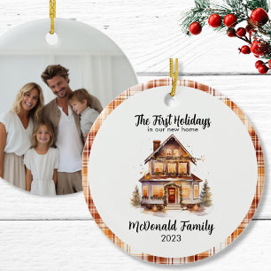 1st Holidays New House Orange Brown Gingham Boho Ceramic Tree Decoration